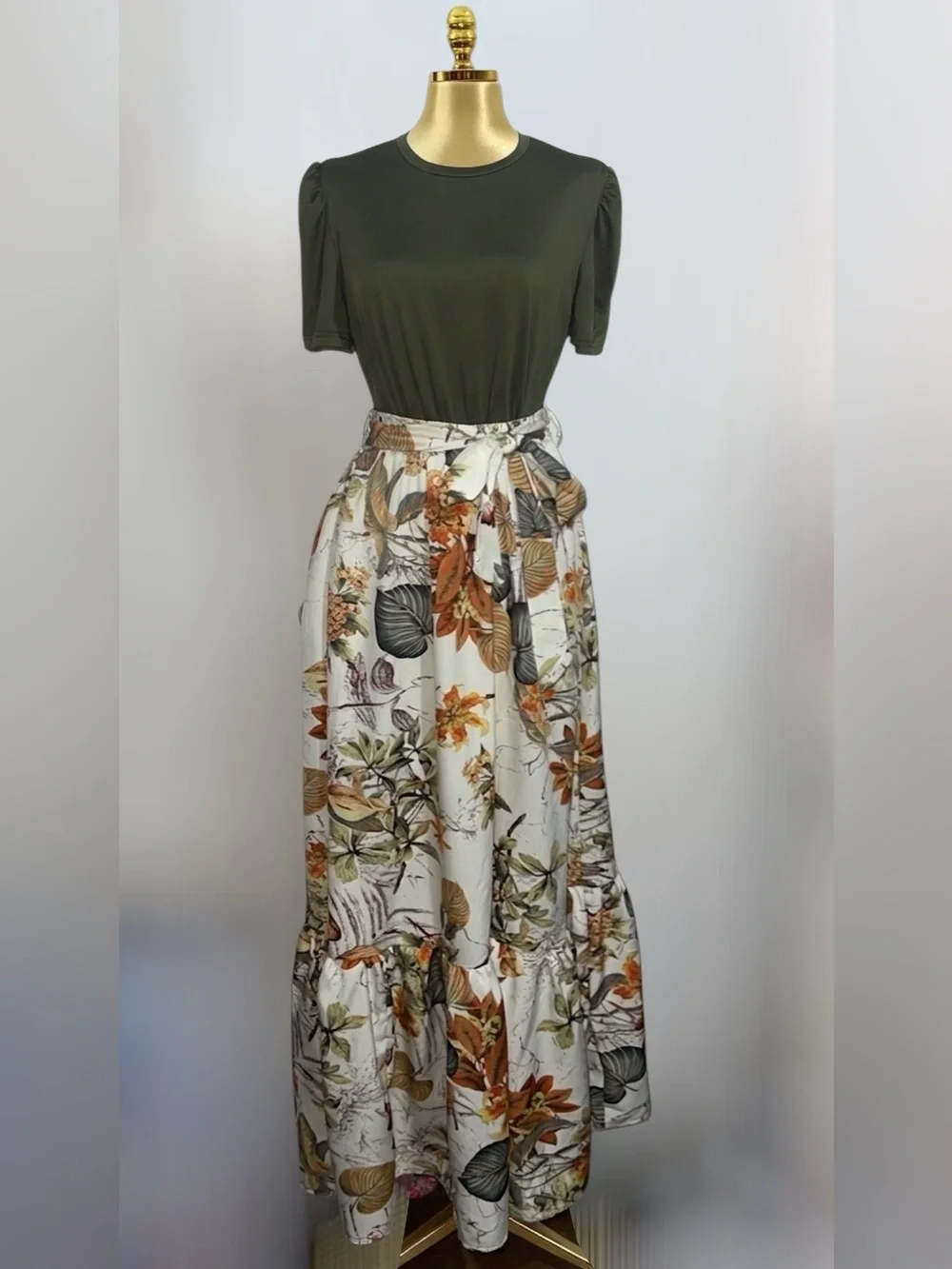 Olive & Cream Floral Tie-Waist Maxi Dress - Picture 3 of 3